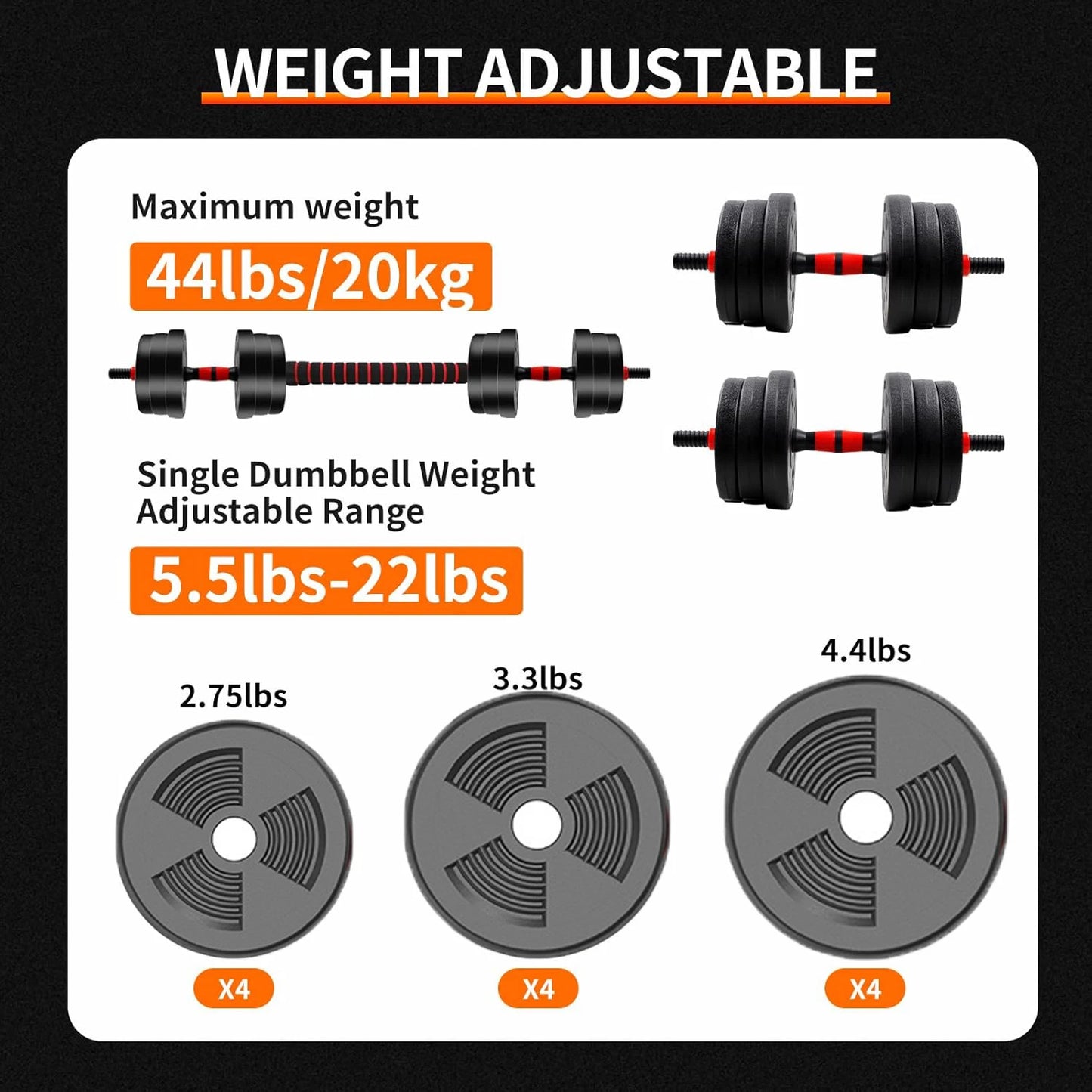 Adjustable Dumbbell to Barbell Set 5-44lbs Home Gym