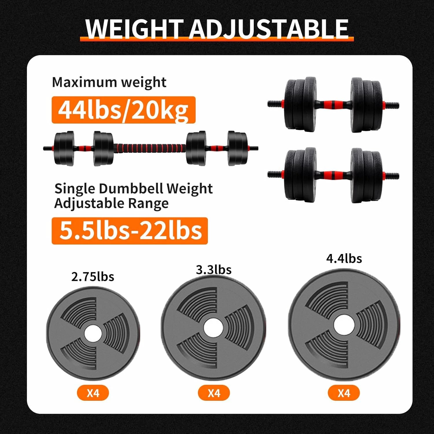 Adjustable Dumbbell to Barbell Set 5-44lbs Home Gym