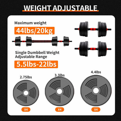 Adjustable Dumbbell to Barbell Set 5-44lbs Home Gym